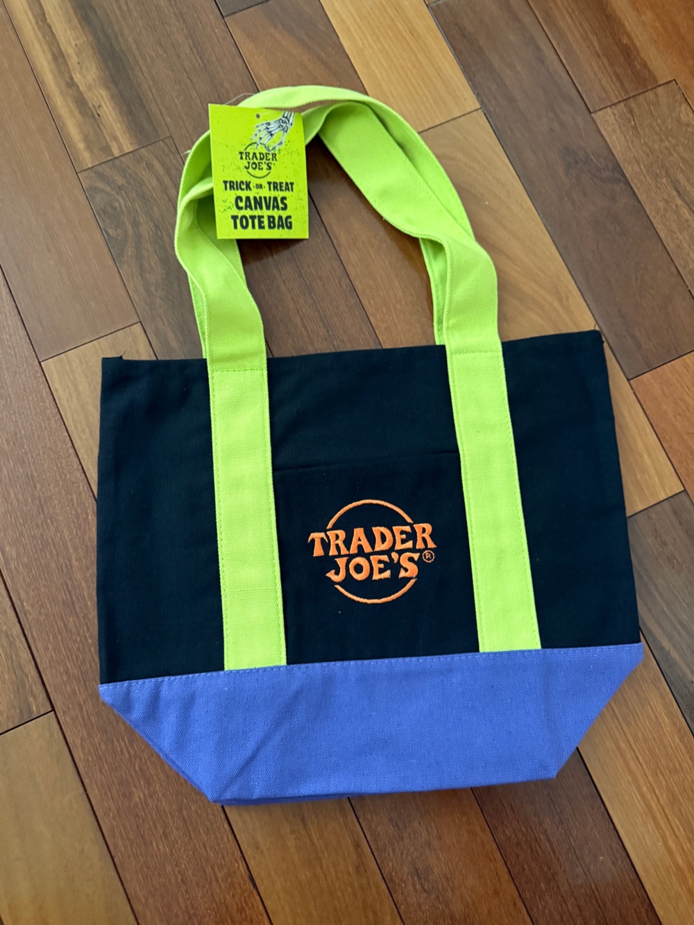 Black Canvas Tote with Lime Handles and Blue Base